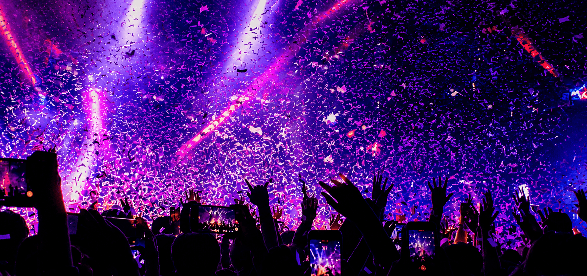 Crowd enjoying a live event with purple confetti